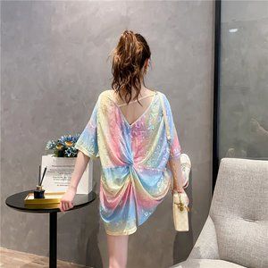 Summer new mesh patchwork hollowed-out short-sleeved t-shirt women's loose a